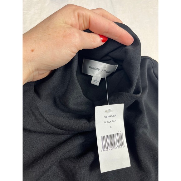 Ronny Kobo Renaldo Black Ruched Asymmetrical Drape Mock Neck Mini Dress L - Picture 5 of 9